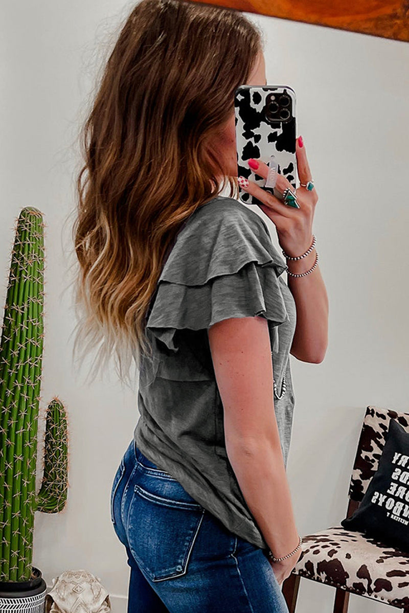 Solid Layered Ruffle Short Sleeve Round Neck Top