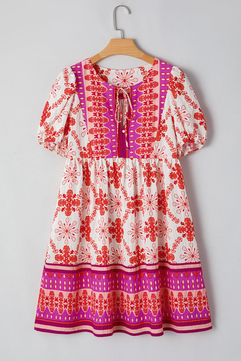 Rose Boho Floral Short Sleeve Lace-up V Neck Mini Dress