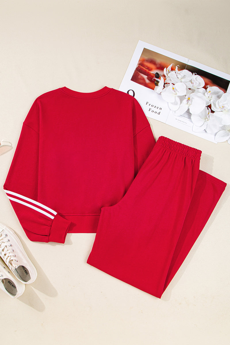 Red Varsity Striped Detail Crewneck Pullover Elastic Sweatpants 2pcs Outfit