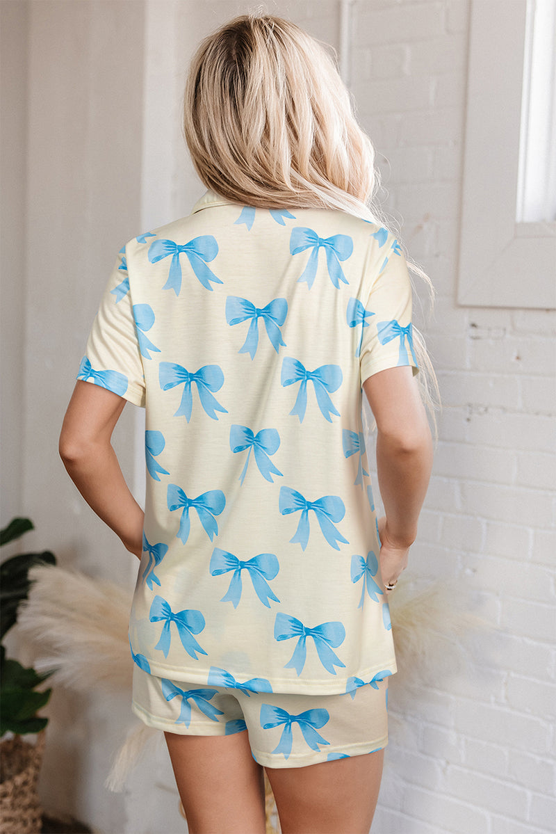 Bow Printed Short Sleeve Shirt Shorts Pajama Set