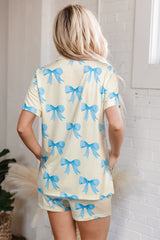 Bow Printed Short Sleeve Shirt Shorts Pajama Set
