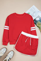 Varsity Stripe Detail Drop Shoulder Pullover Mini Skirt Set