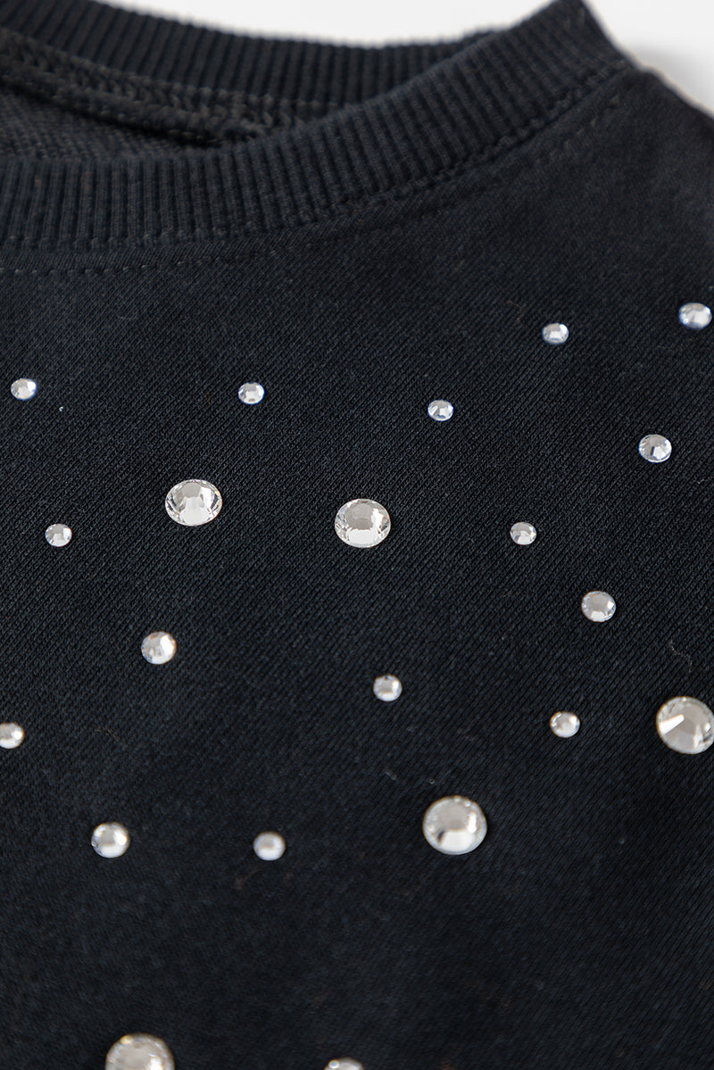 Rhinestone Embellished Drop Shoulder Ribbed Cuffs Wholesale Sweatshirt