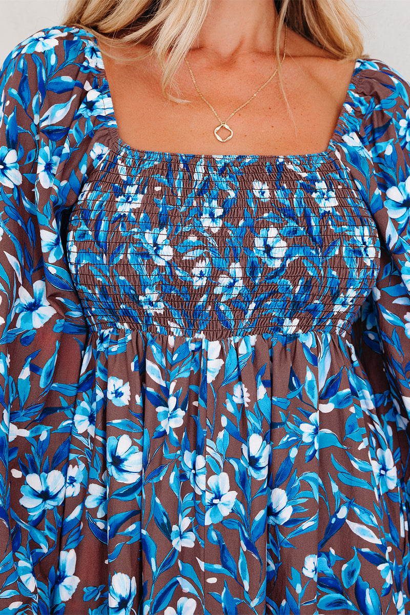 Smocked Bodice High Waist Ruffled Sleeve Floral Dress