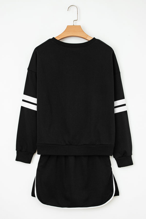Varsity Stripe Detail Drop Shoulder Pullover Mini Skirt Set