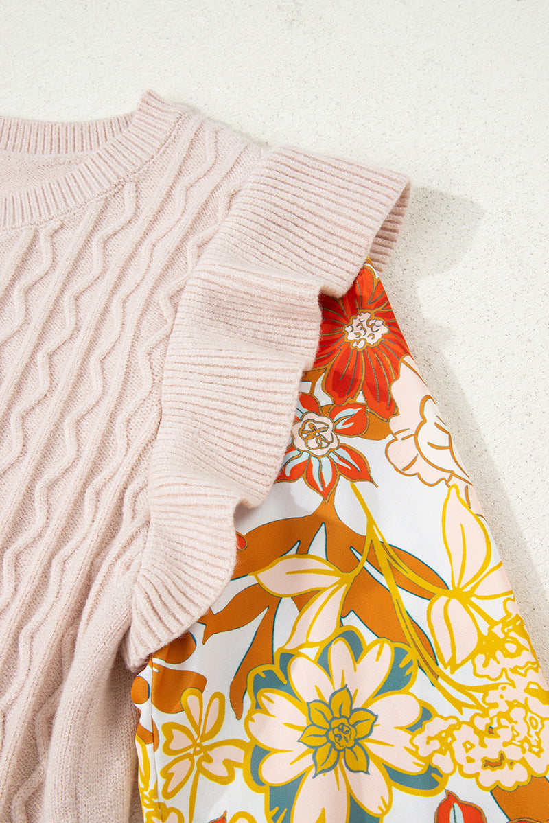Parchment Cable Knit Ruffle Detail Contrast Floral Sleeve Patchwork Sweater