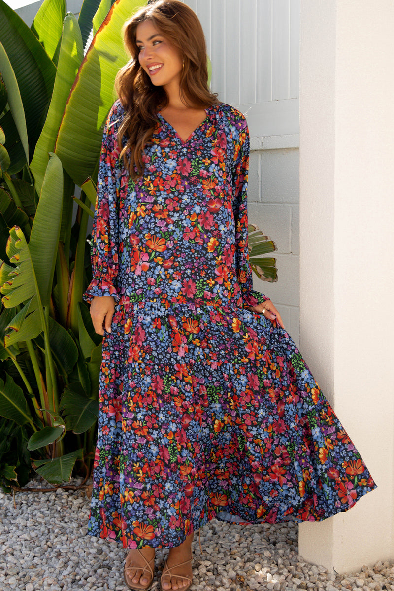 Print Tassel Tie V Neck Long Sleeve Flowy Long Dress