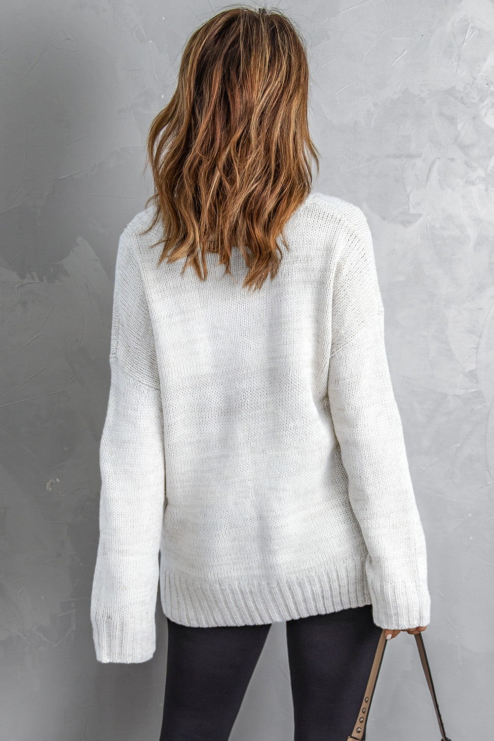 Solid V neck Drop Shoulder Knitted Sweater