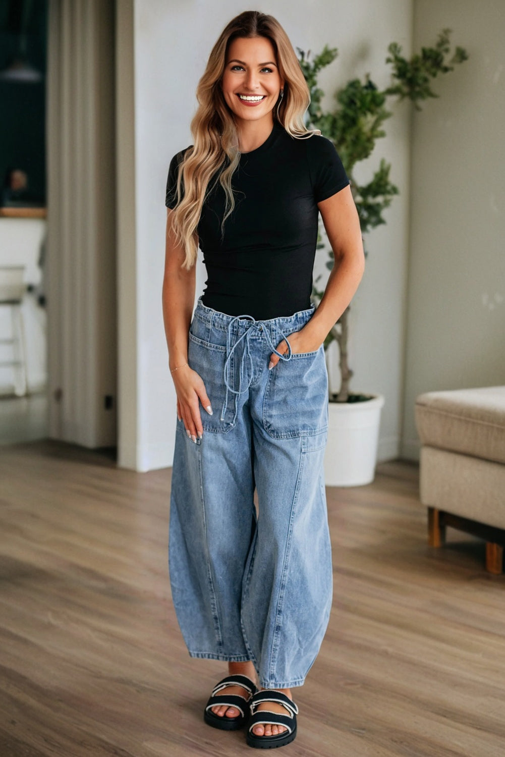 Patch Pocket Drawstring Paper bag Waist Barrel Jeans