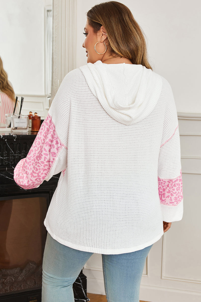 Stripe Leopard Patchwork Waffle Knit Buttoned Plus Size Hoodie