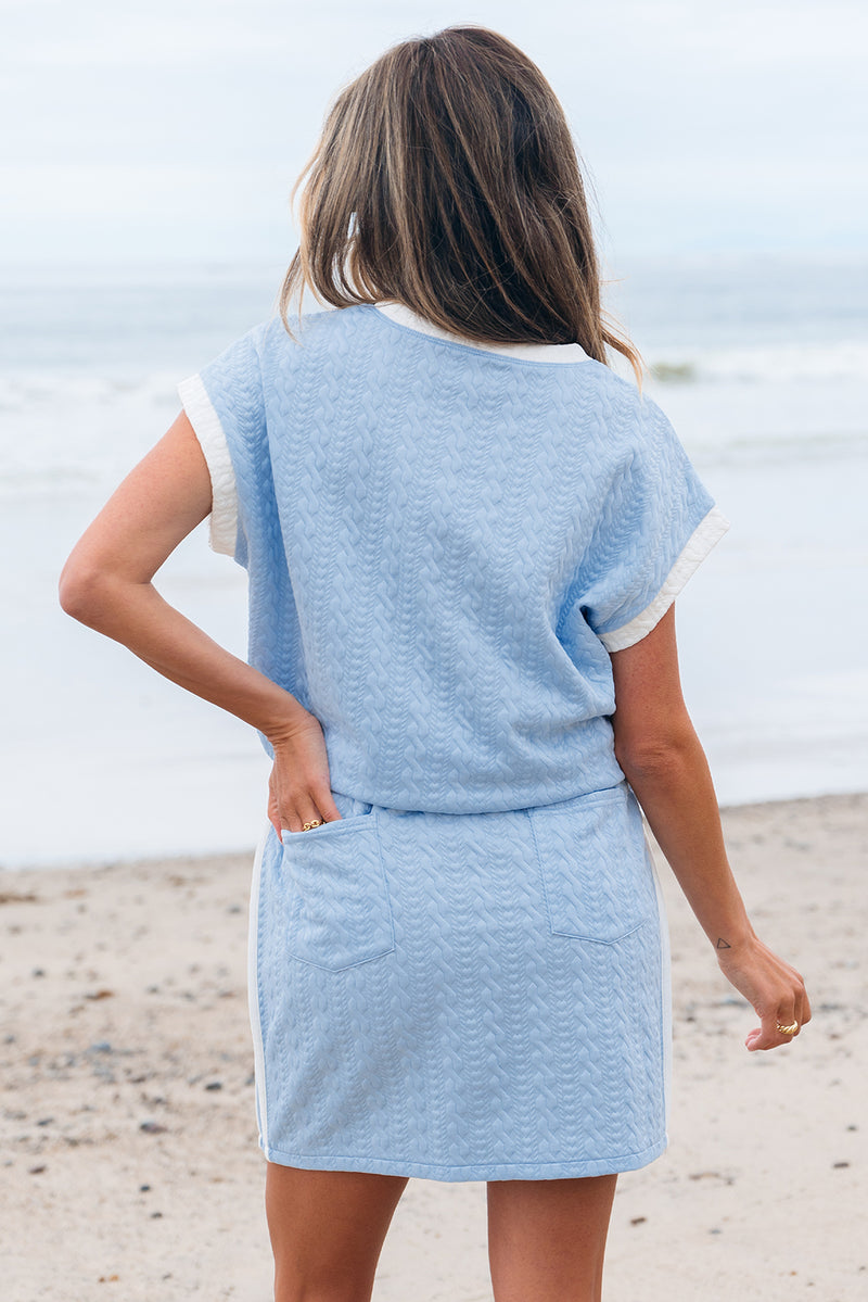 Solid Contrast Trim Textured Crewneck Tee and Pocketed Skirt Set