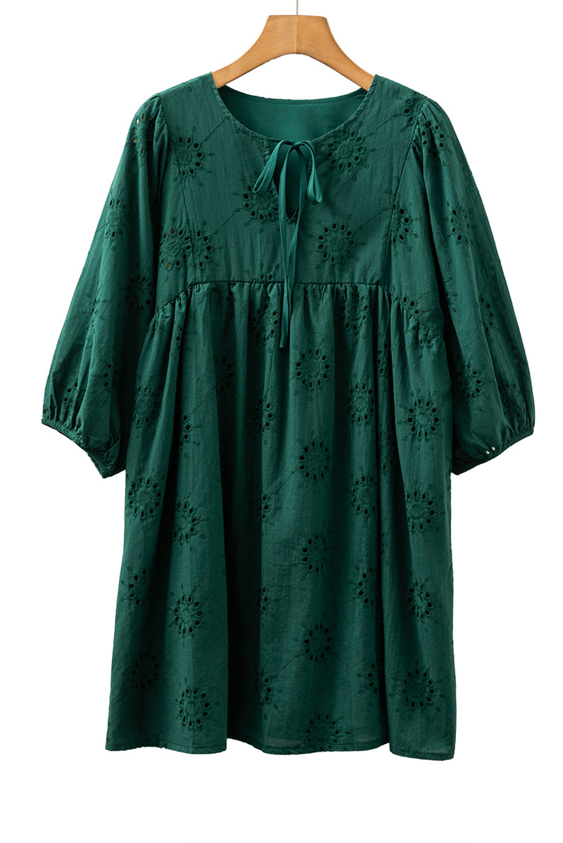 Embroidered Eyelet Pattern 3/4 Puffy Sleeve Swing Mini Dress