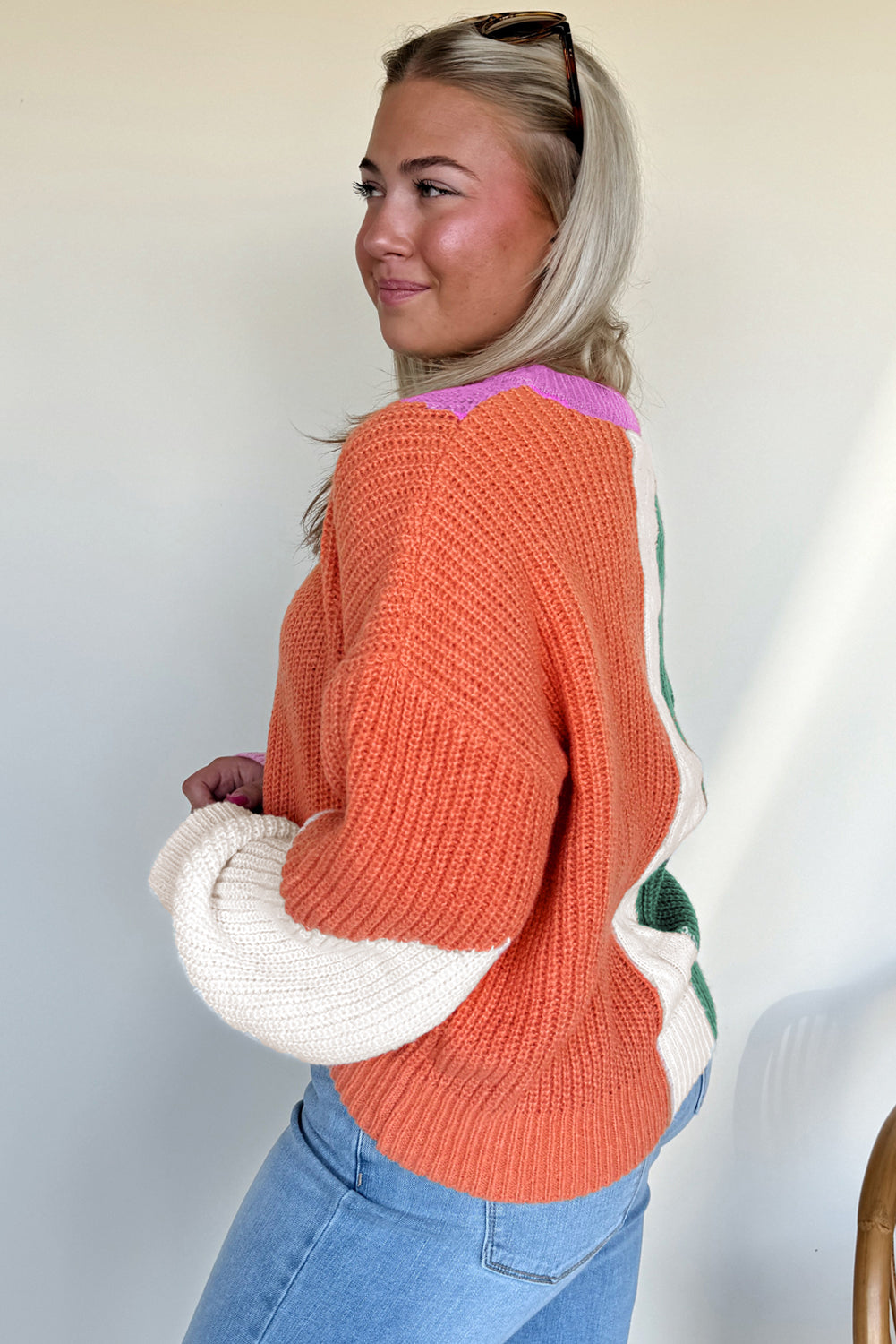 Color Block Textured Knit Drop Shoulder Loose Fit Sweater
