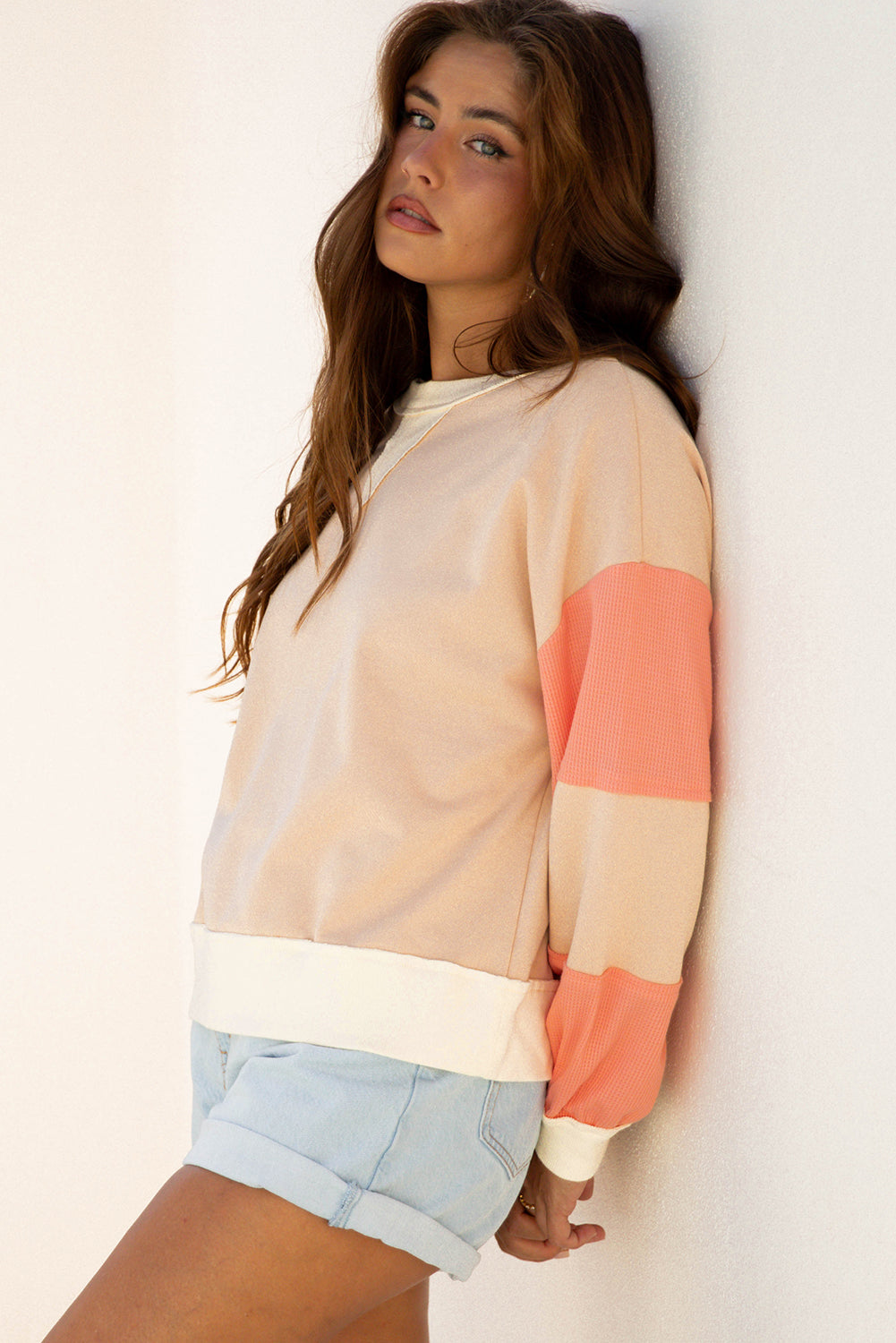 Color Block Textured Patchwork Pullover Sweatshirt