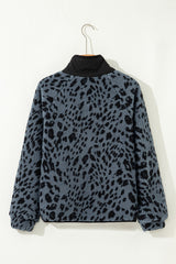 Blue Cow Print Buttoned Stand Collar Fleece Jacket