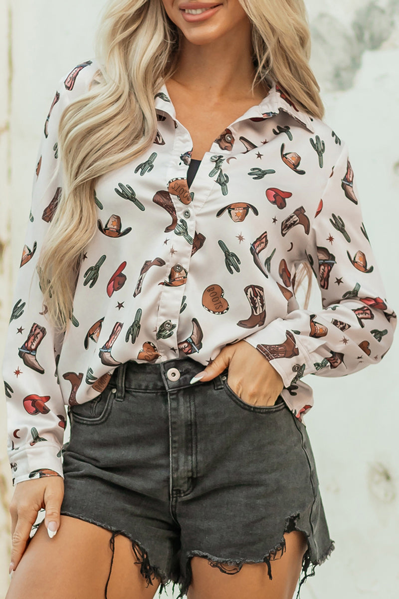 Western Fashion Print Button Up Casual Shirt