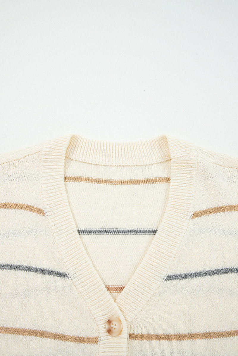 Multicolour Striped Buttoned Front V Neck Drop Shoulder Cardigan Sweater