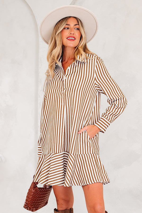 Stripe Ruffled Hem Collared Long Sleeve Shirt Mini Dress
