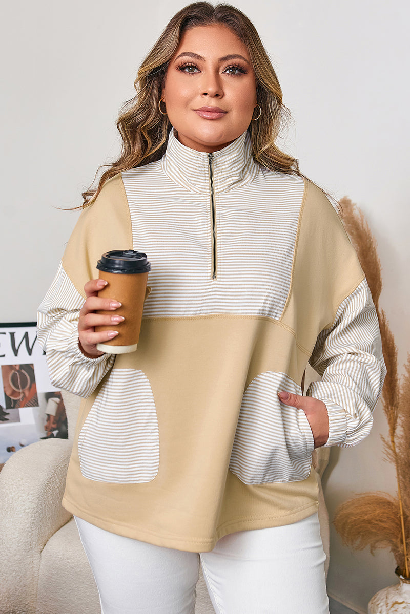Stripe Mix Half Zip French Terry Plus Size Sweatshirt
