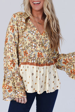 Printed Floral Bell Sleeve V Neck Wrapped Contrast Peplum Blouse