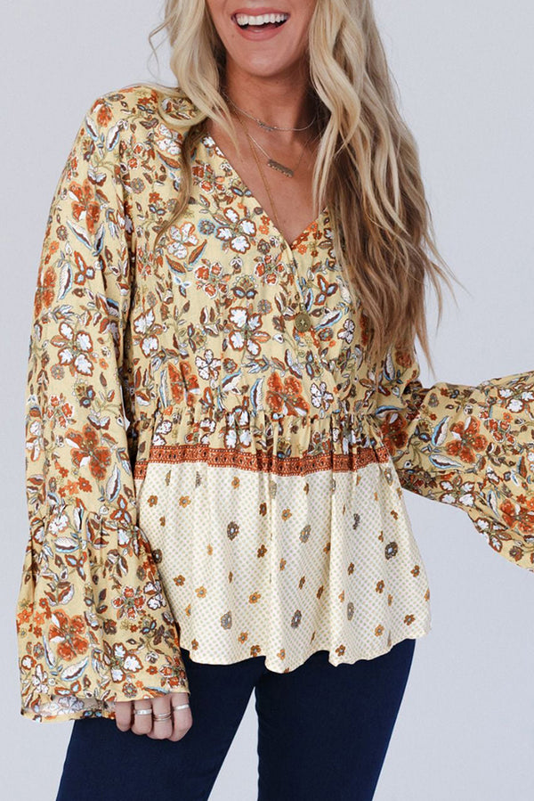Printed Floral Bell Sleeve V Neck Wrapped Contrast Peplum Blouse
