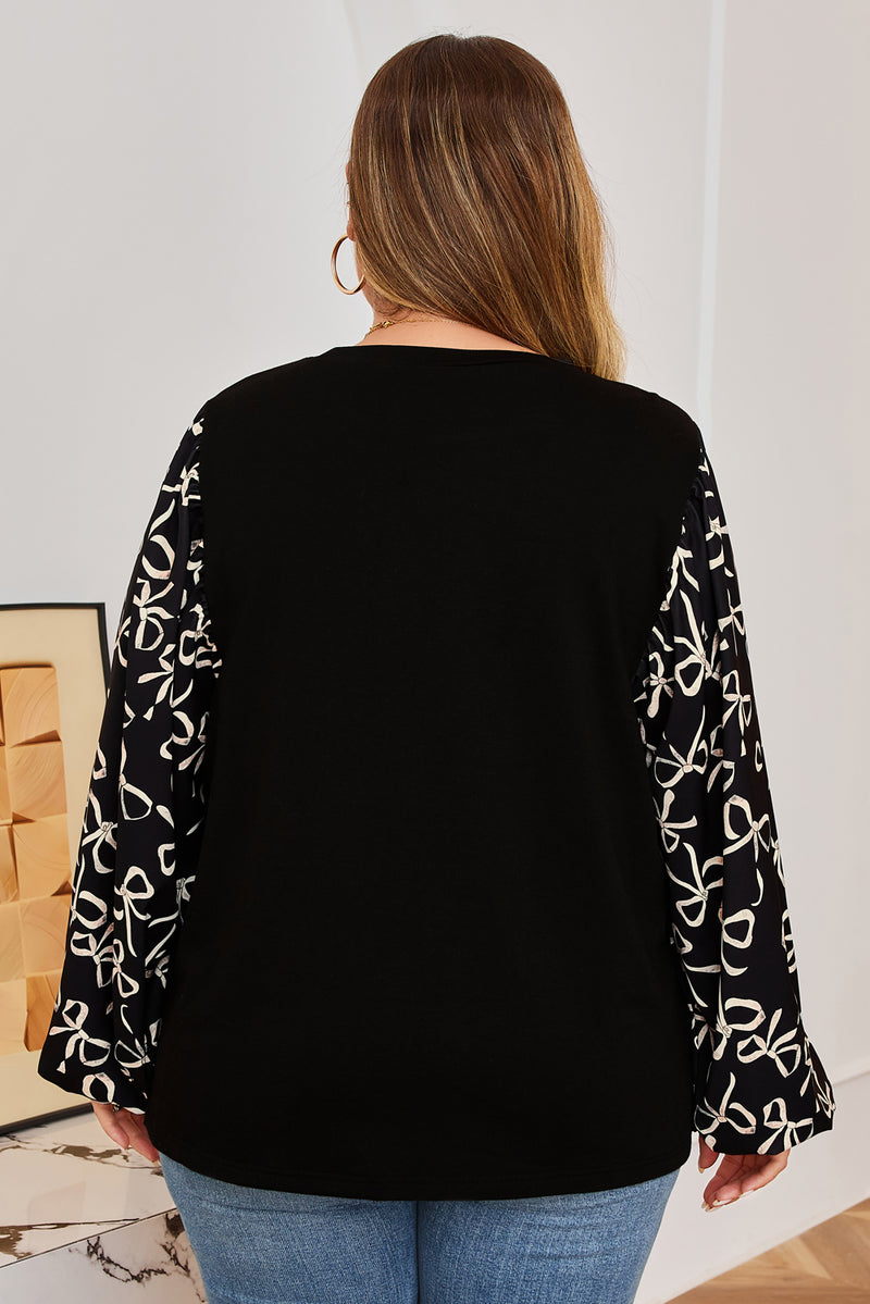 Bow Knot Patchwork Crewneck Plus Size Blouse