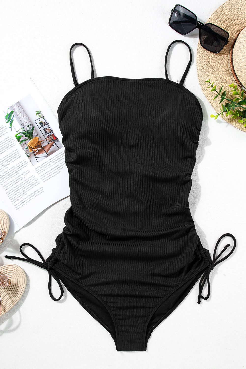 Solid Ribbed Drawstring Sides Cutout One Piece Swimsuit