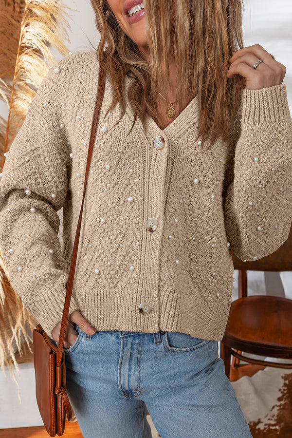 Pearl Embellished Button Front V Neck Sweater Cardigan
