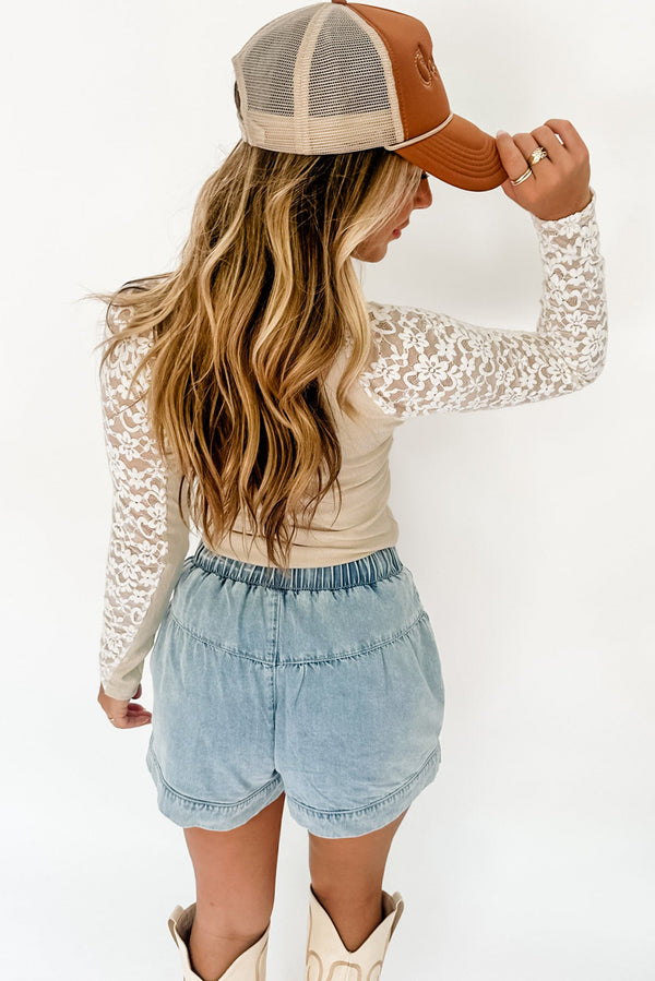 Solid Floral Lace Patchwork Long Sleeve High Neck Slim Top