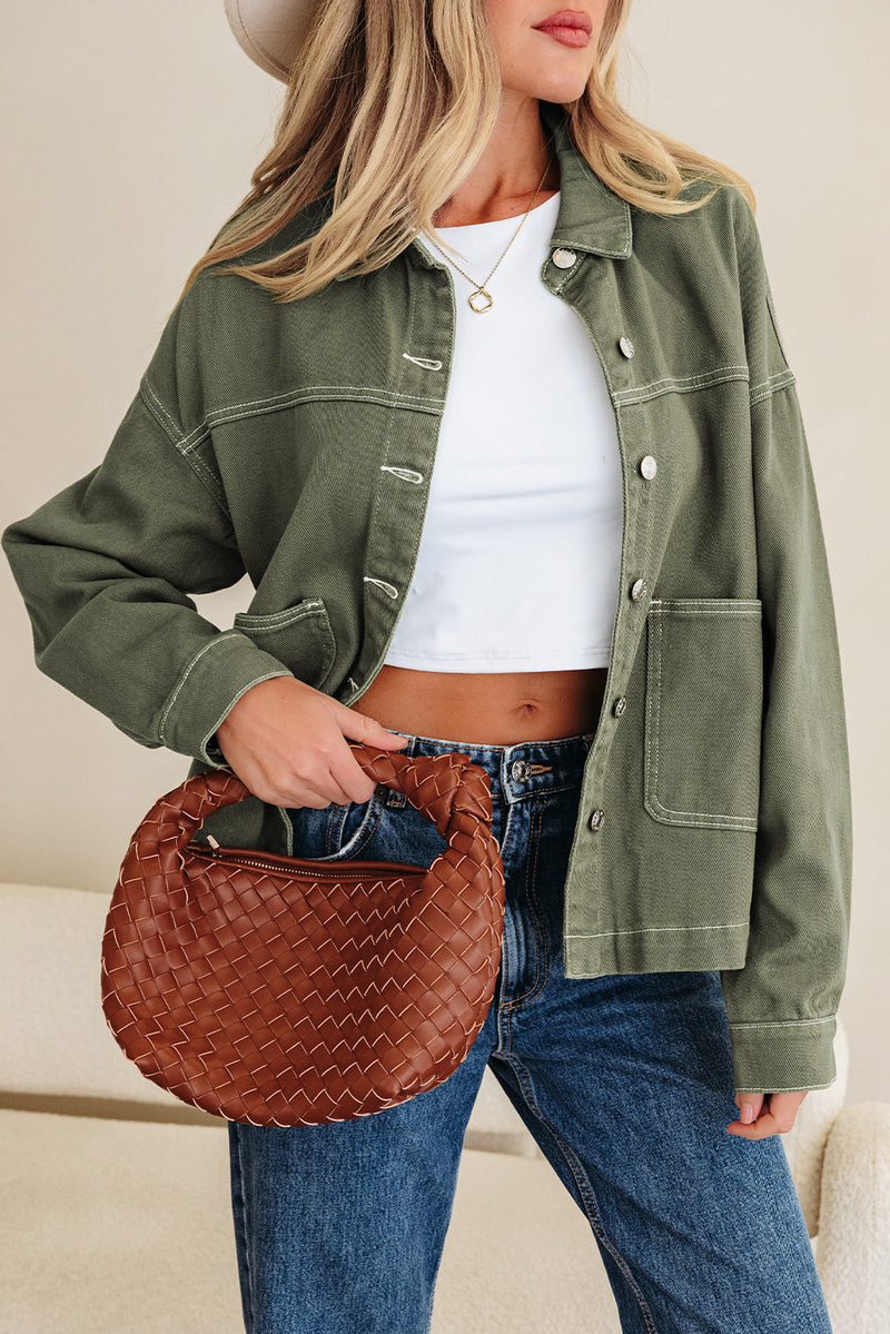 Moss Green Patched Pocket Collared Button Front Boyfriend Denim Jacket