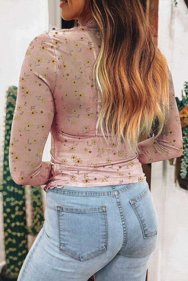 Vintage Floral Print Southern Style Mesh Long Sleeve Top