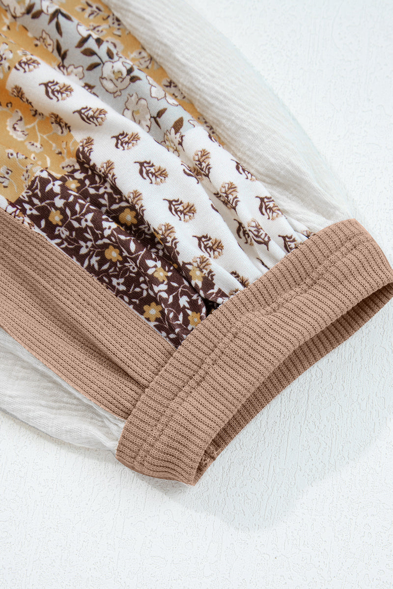 Multicolor Floral Printed Contrast Patchwork Long Sleeve Top