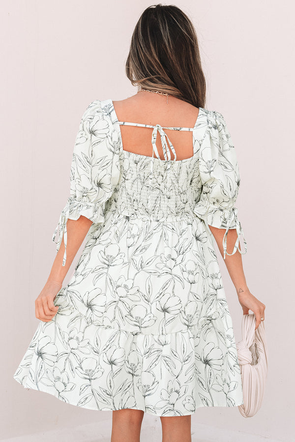 Floral Print Square Neck Shirred Back Puff Sleeve Mini Dress