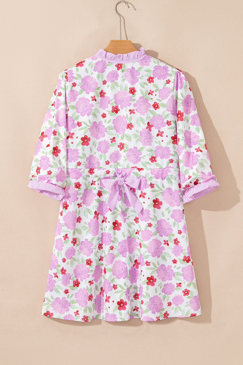 Floral Print Striped Trim Frilled Neck 3/4 Sleeve Flared Mini Dress