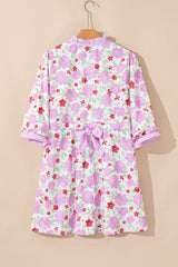 Pink Floral Print Striped Trim Frilled Neck 3/4 Sleeve Flared Mini Dress