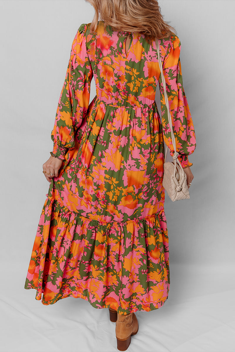 Floral Puff Sleeve Smocked Bodice Ruffled Long Dress