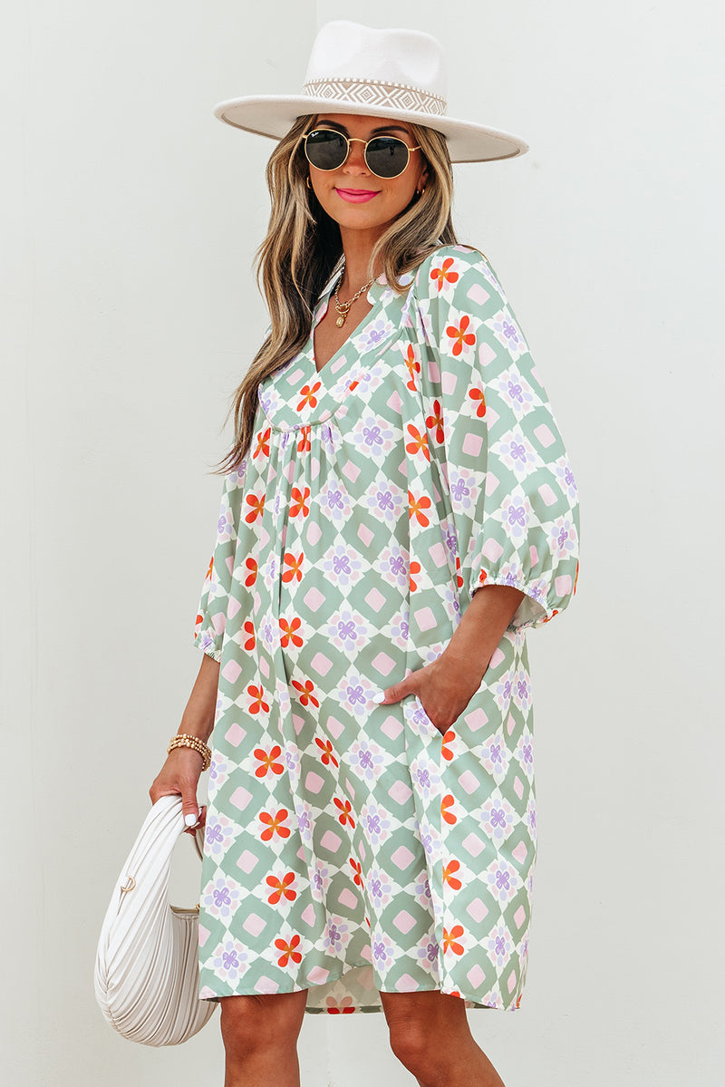 Geometric Floral Print 3/4 Sleeve Notched Neck Mini Dress