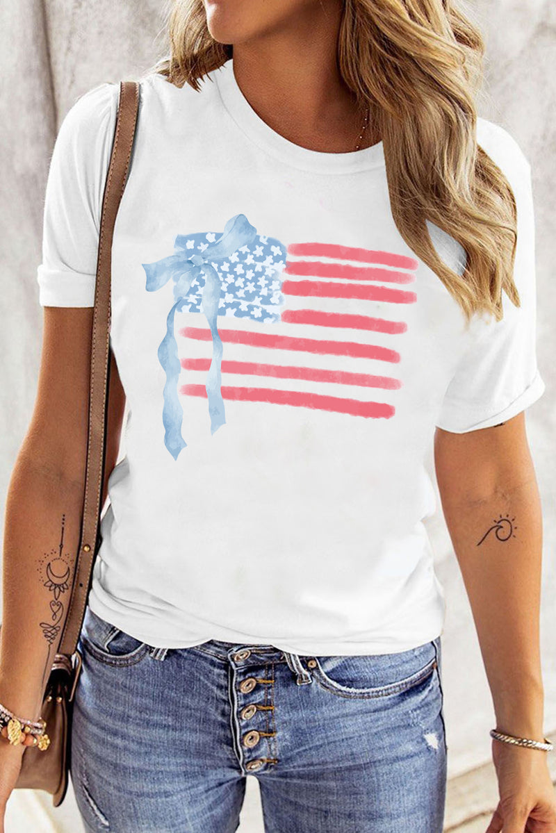 American Flag Bow Knot Print Crew Neck T Shirt