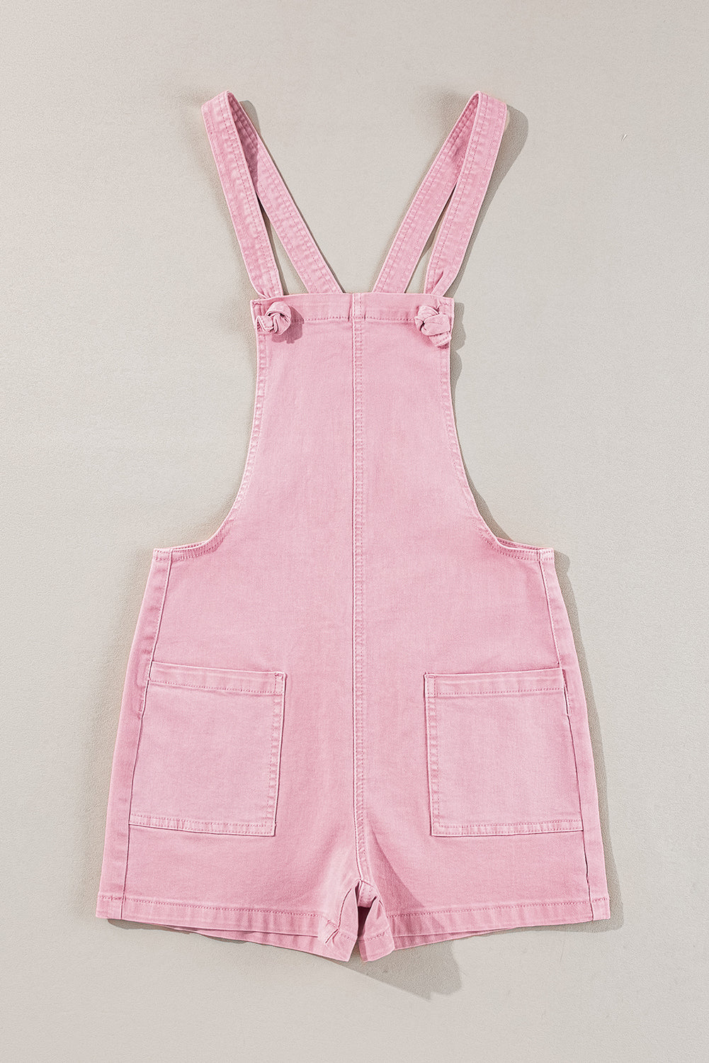 Light French Beige Solid Color Knot Straps Denim Romper with Pockets