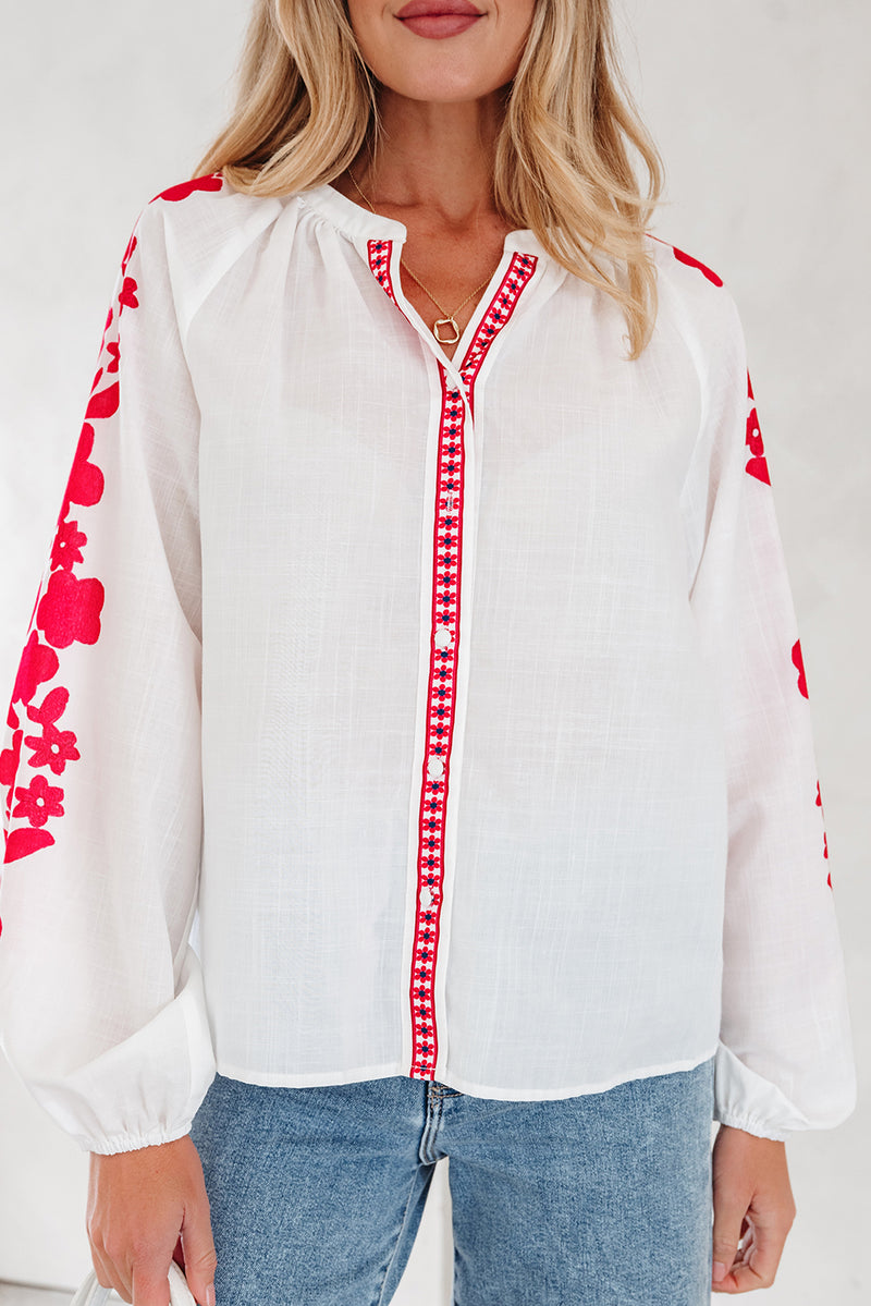 Floral Embroidered Puff Long Sleeve Casual Shirt