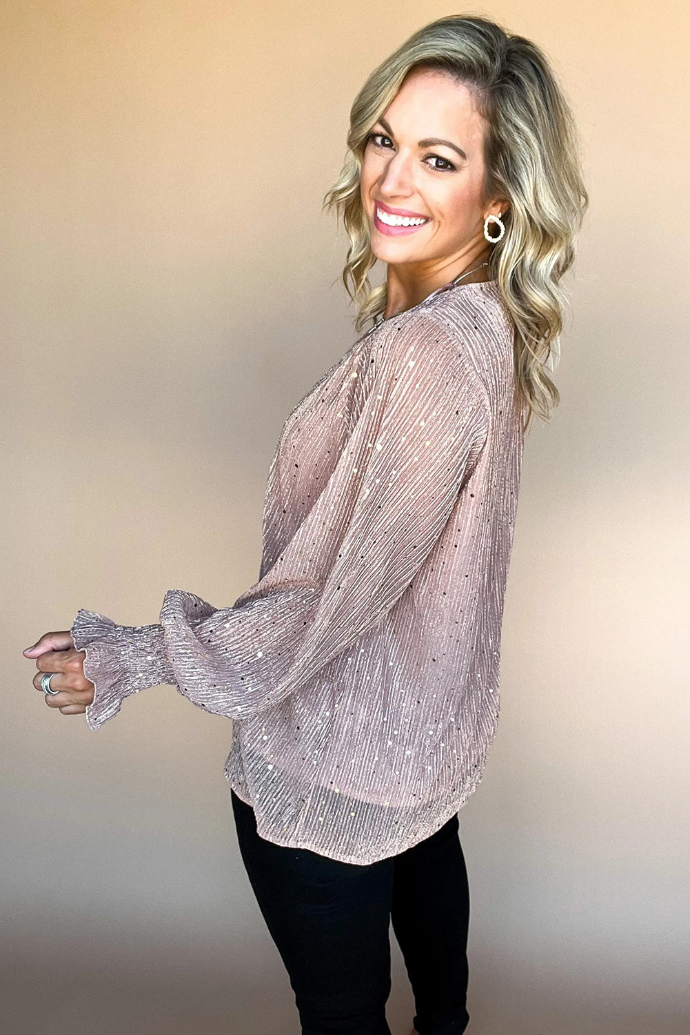 V Neck Sequin Plisse Long Sleeve Blouse