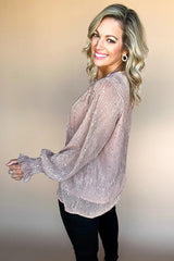V Neck Sequin Plisse Long Sleeve Blouse