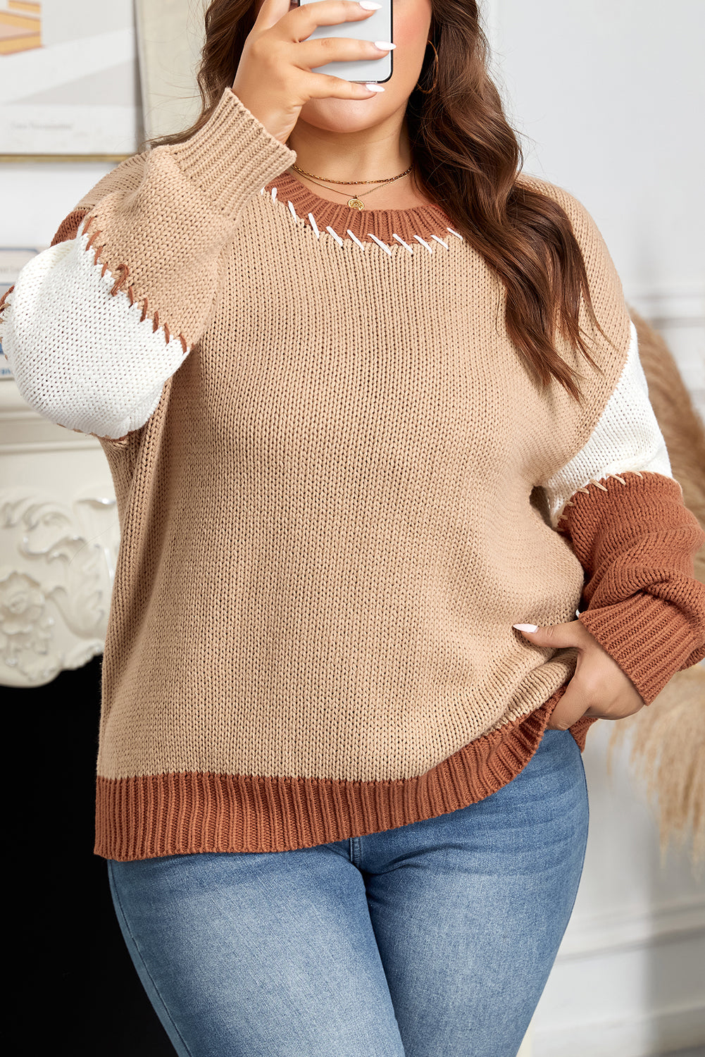 Contrast Stitch Detail Color Block Knitted Plus Size Sweater