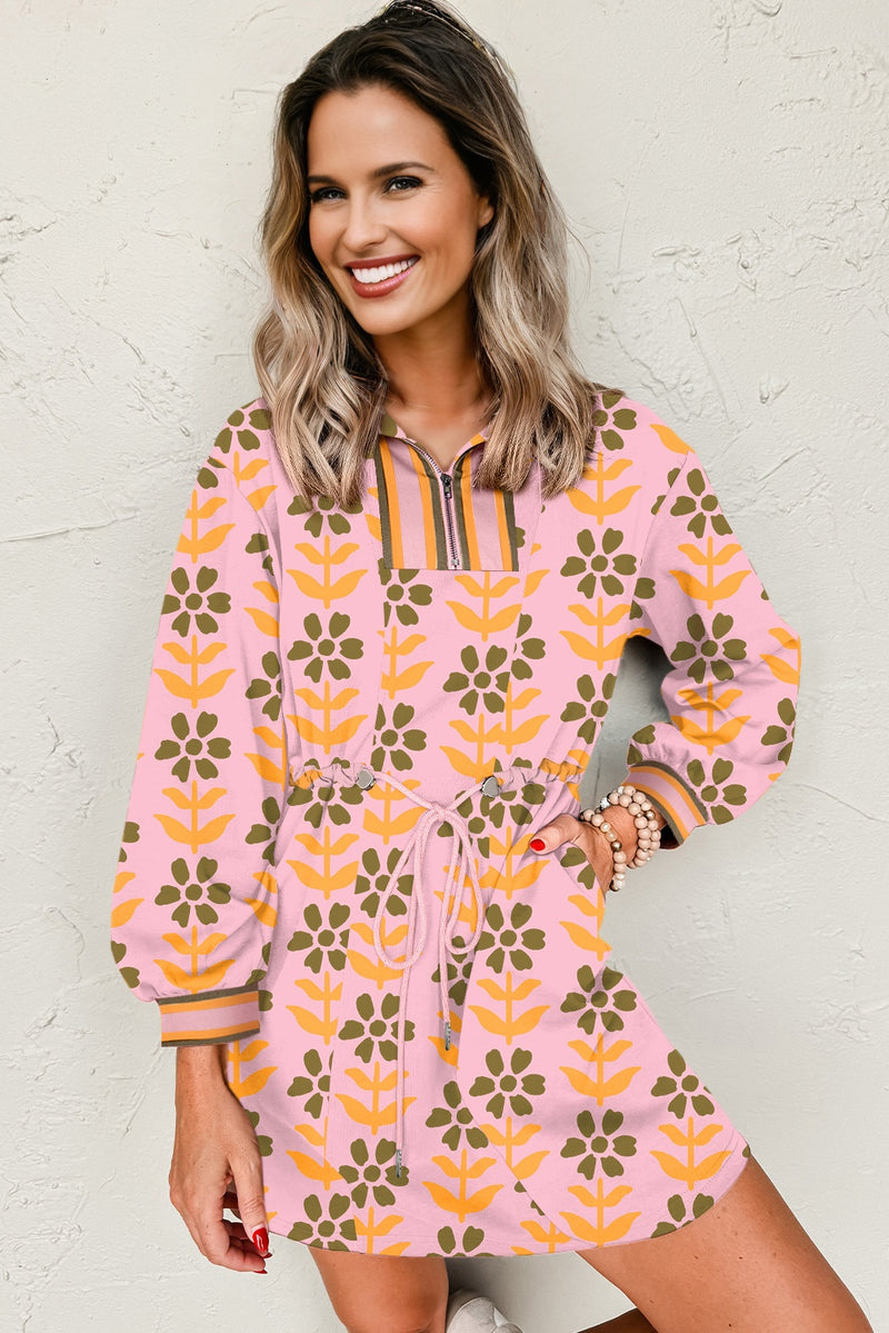 Floral Print Zip Neck Striped Patchwork Long Sleeve Drawstring Dress