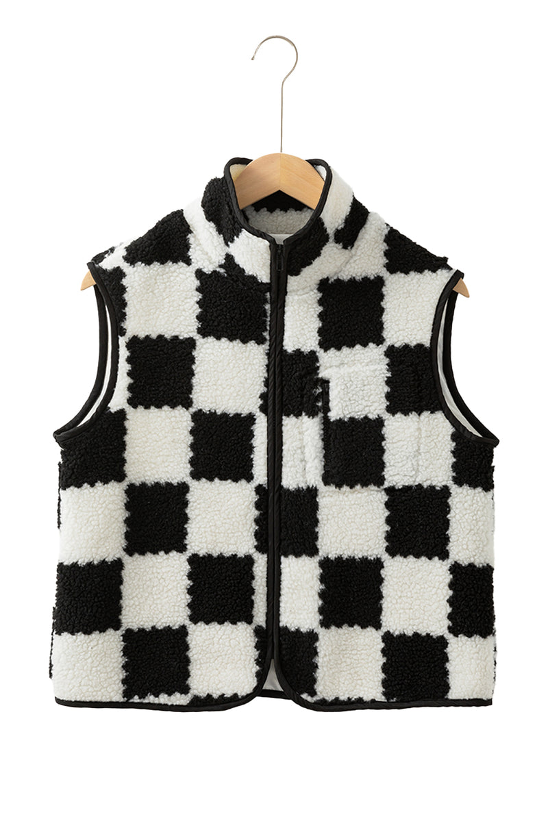 Checkered Sherpa Collared Jacket Vest