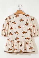 Apricot Cowboy Print Puff Sleeve Bowknot Peplum Blouse