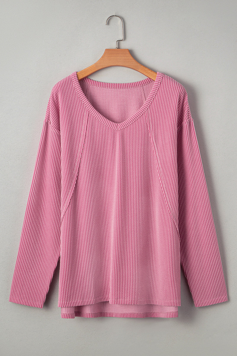 Twisted Rib Texture Exposed Seam Patchwork Loose Long Sleeve Top