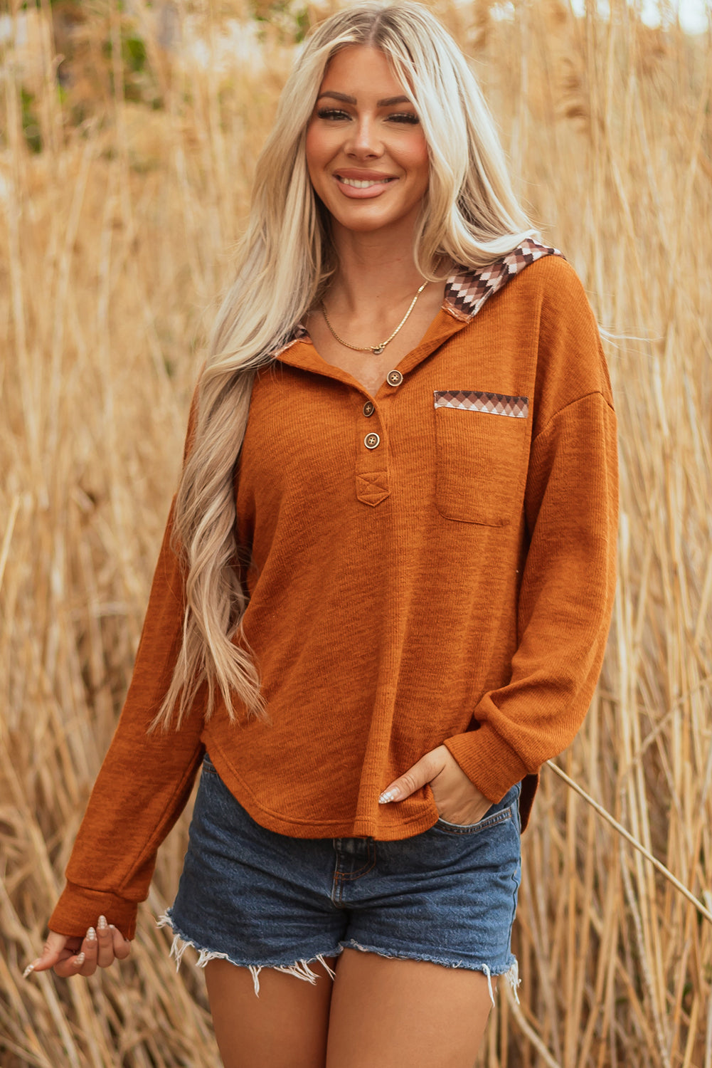 Contrast Plaid Hood Patchwork Chest Pocket Henley Top