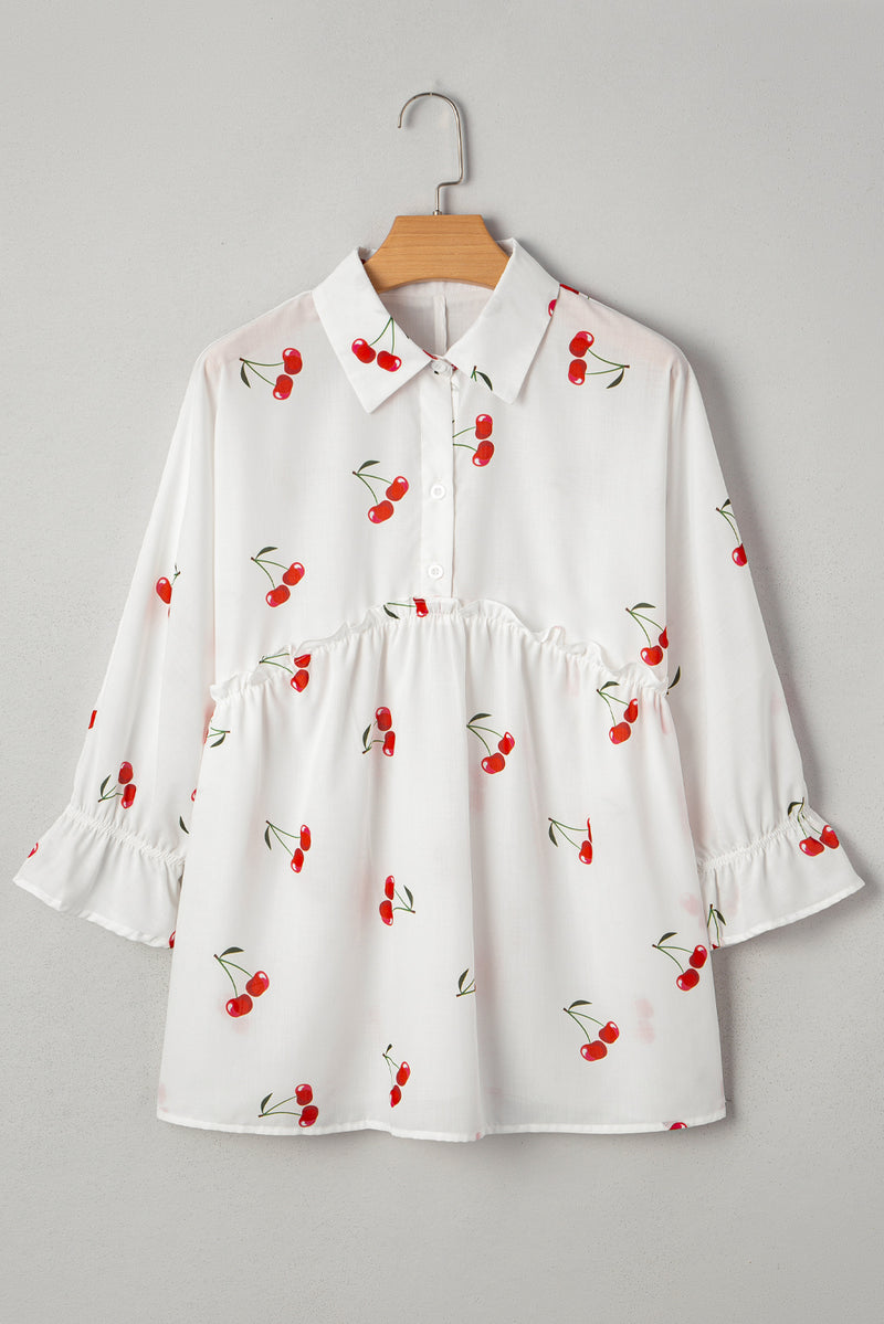 Cherry Print Flounce Sleeve Collared Frilled Babydoll Blouse