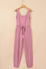 Lace-up Elastic Waist Sleeveless Square Neck Jumpsuit